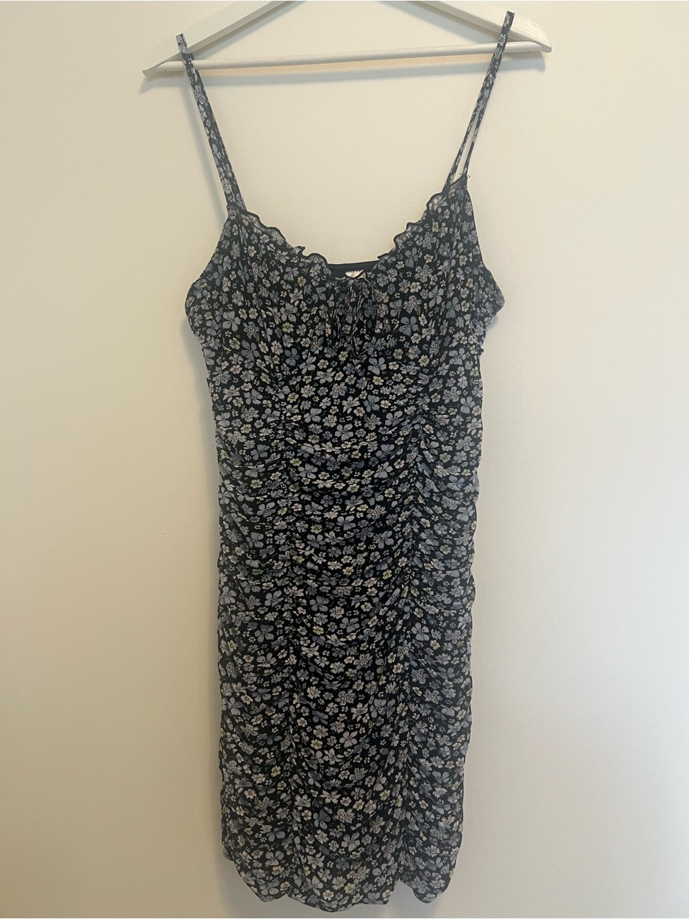 H&M Divided Floral Ruched Mini Dress Black Blue Ditsy Mesh Bodycon Tie Front M